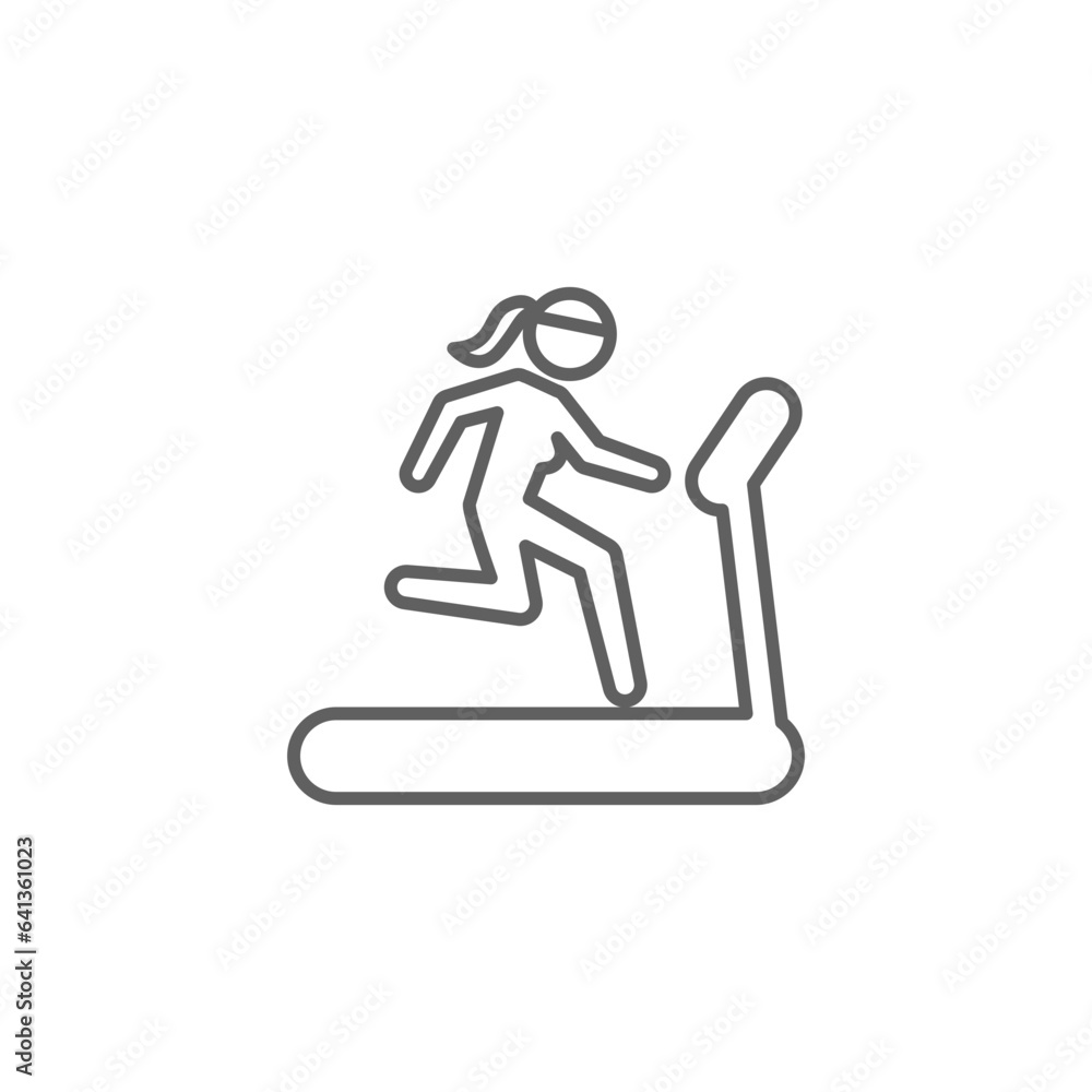 Woman running on treadmill icon. Simple outline style. Run, female, gym equipment, fitness, exercise machine, sport concept. Thin line symbol. Vector isolated on white background. Editable stroke SVG.