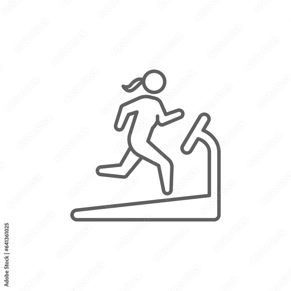 Woman running on treadmill icon. Simple outline style. Run, female, gym equipment, fitness, exercise machine, sport concept. Thin line symbol. Vector isolated on white background. Editable stroke SVG.