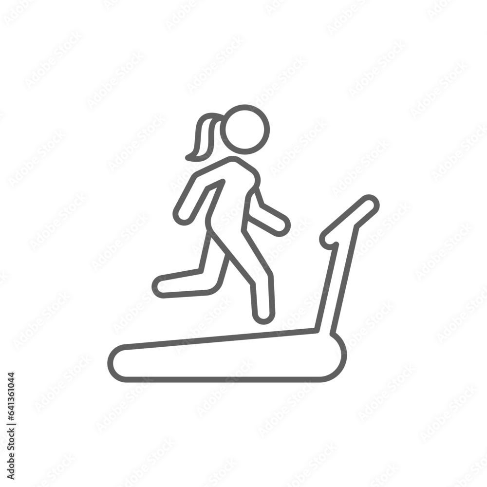 Woman running on treadmill icon. Simple outline style. Run, female, gym equipment, fitness, exercise machine, sport concept. Thin line symbol. Vector isolated on white background. Editable stroke SVG. Woman running on treadmill icon. Simple outline style. Run, female, gym equipment, fitness, exercise machine, sport concept. Thin line symbol. Vector isolated on white background. Editable stroke SVG.