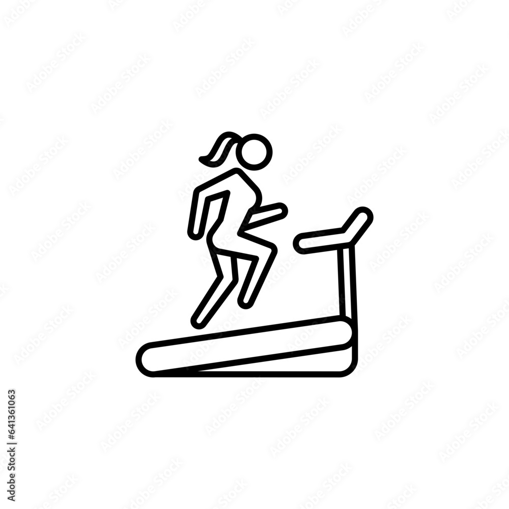 Woman running on treadmill icon. Simple outline style. Run, female, gym equipment, fitness, exercise machine, sport concept. Thin line symbol. Vector isolated on white background. SVG. Woman running on treadmill icon. Simple outline style. Run, female, gym equipment, fitness, exercise machine, sport concept. Thin line symbol. Vector isolated on white background. SVG.
