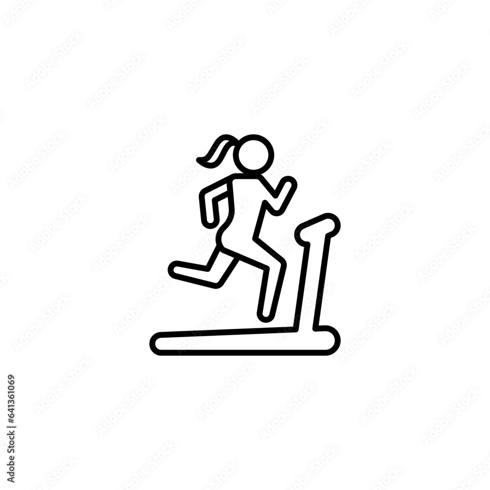 Woman running on treadmill icon. Simple outline style. Run, female, gym equipment, fitness, exercise machine, sport concept. Thin line symbol. Vector isolated on white background. SVG. Woman running on treadmill icon. Simple outline style. Run, female, gym equipment, fitness, exercise machine, sport concept. Thin line symbol. Vector isolated on white background. SVG.