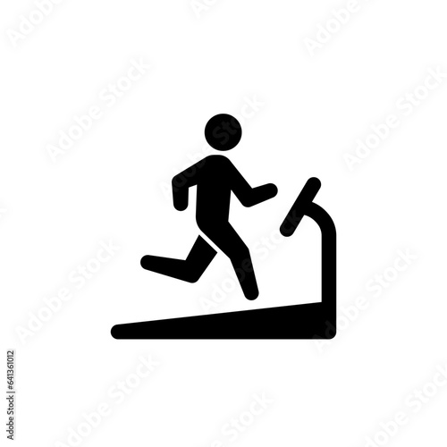 Man running on treadmill icon. Simple solid style. Run, runner, gym equipment, fitness, exercise machine, sport concept. Black silhouette, glyph symbol. Vector isolated on white background. SVG.