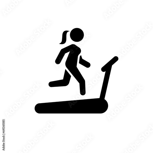 Woman running on treadmill icon. Simple solid style. Run, female, gym equipment, fitness, exercise machine, sport concept. Black silhouette, glyph symbol. Vector isolated on white background. SVG.