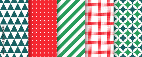 Christmas backgrounds. Xmas seamless pattern. Holiday wrapping paper textures with stripes, triangles, polka dots and plaid. New year festive prints. Set red green backdrops. Vector illustration