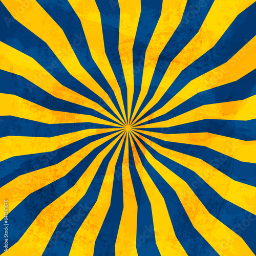 Yellow blue background sun rays retro grunge 60-70 years. Abstract texture pattern radial rays explosion. Vector background.