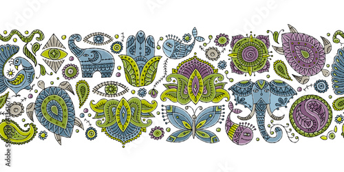 Indian vintage ornament for your design. Esoteric and animals, design elements, Seamless pattern background