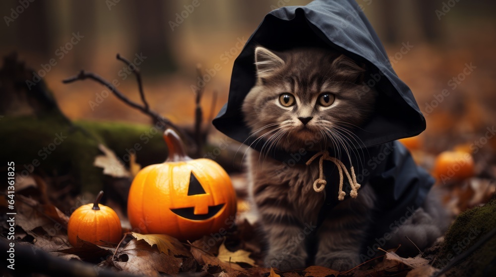 Fototapeta premium Autumn Forest: Kitten in Witch's Hat.
