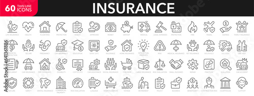 Insurance icons set. Assurance and insurance 60 outline icons collection. Life, medical, car, travel, house, healthcare, money and social insurance - stock vector. photo