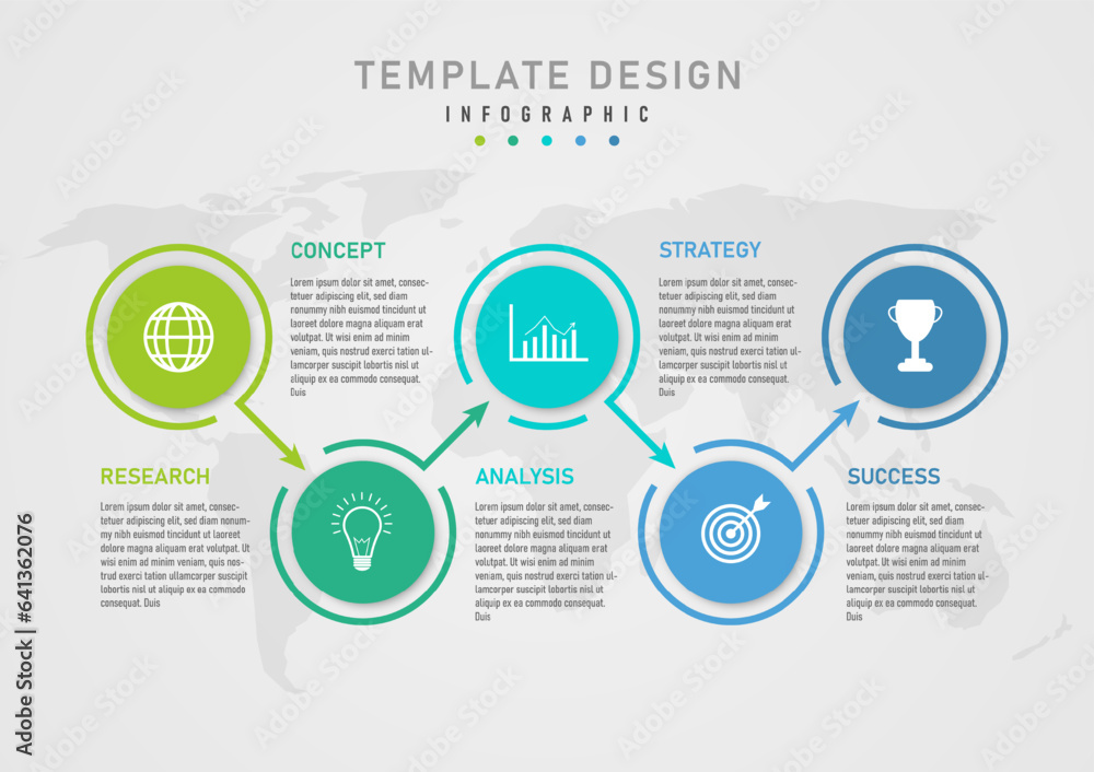 infographic template 5 step business plan multicolored circles with white icons above Circle border with directional arrows The letters are in the middle. Below is a map gray gradient background infographic template 5 step business plan multicolored circles with white icons above Circle border with directional arrows The letters are in the middle. Below is a map gray gradient background