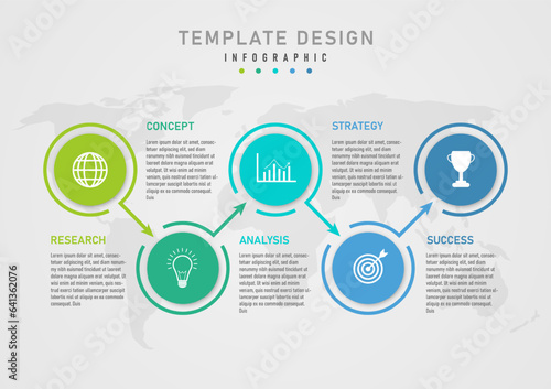 infographic template 5 step business plan multicolored circles with white icons above Circle border with directional arrows The letters are in the middle. Below is a map gray gradient background