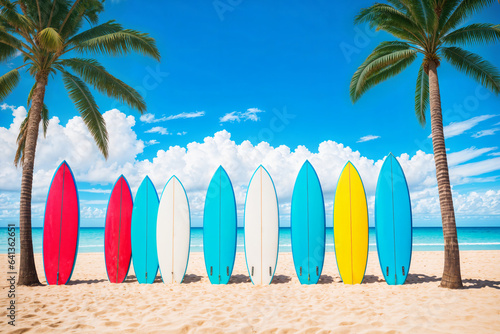 surfboards in sand on the beach with palm trees and blue sky © FilipB
