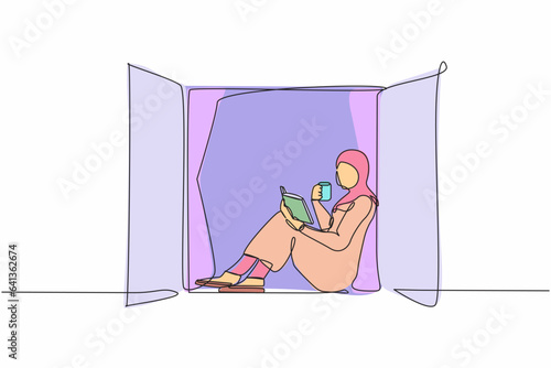 Continuous one line drawing Arabian woman on windowsill reading book with cup of hot coffee or tea. Enjoy fresh air in window of room. Stay at home. Single line draw design vector graphic illustration
