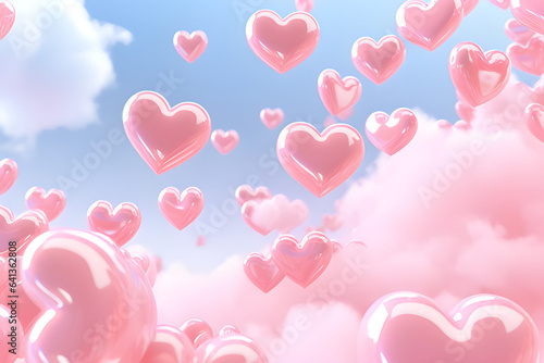 Many pink hearts floating in the sky and clouds. Pink raindrops. Pastel. 3d illustration.