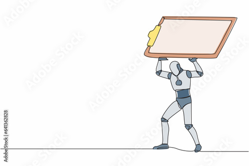 Continuous one line drawing tired robot carrying heavy clipboard on his back. Busy robot with checklist tasks document. Humanoid robot cybernetic organism. Single line draw design vector illustration