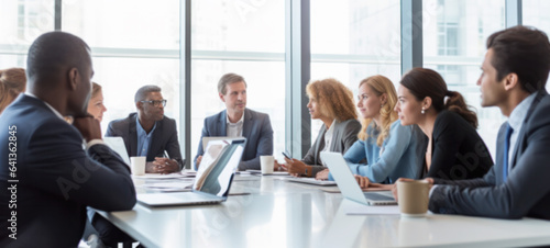 Group of leading experts team leader boss talking to diverse business people at office meeting, Multiracial employees group listening to ceo mentor coach new idea at corporate training, blurred image