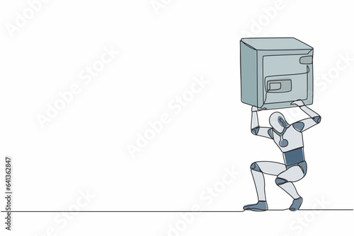 Continuous one line drawing tired robot carrying heavy safe deposit box on his back. Impact in pandemic crisis, bankruptcy at tech industry. Robotic development. Single line design vector illustration