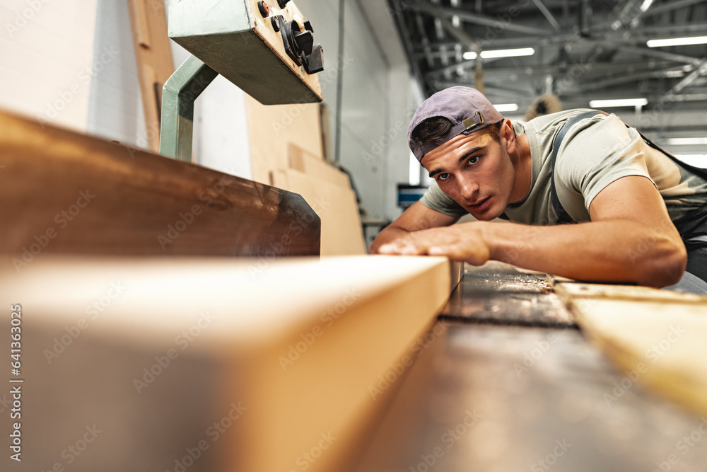 Young carpenter working on woodworking machines in the furniture factory Young carpenter working on woodworking machines in the furniture factory