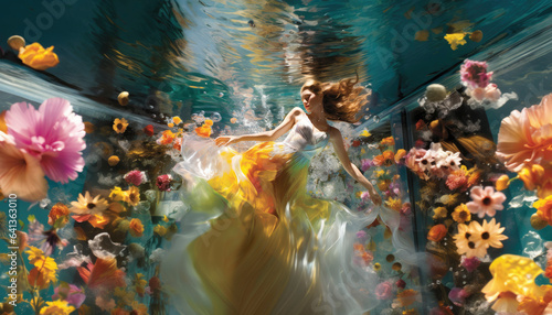 Pretty ginger woman floating in water in an unreal dreamlike fantasy