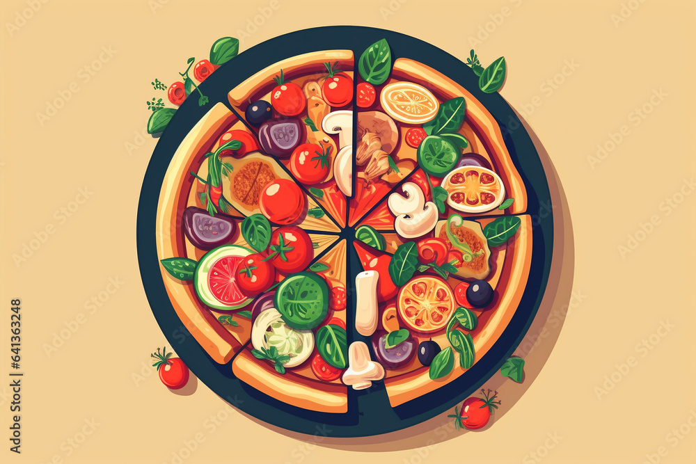 Pizza with tomatoes, mushrooms and olives illustration