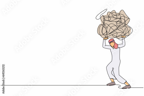 Single one line drawing Arabian businessman carrying heavy messy line on his back. Problem in economic crisis, pressure from too much responsibility. Continuous line design graphic vector illustration