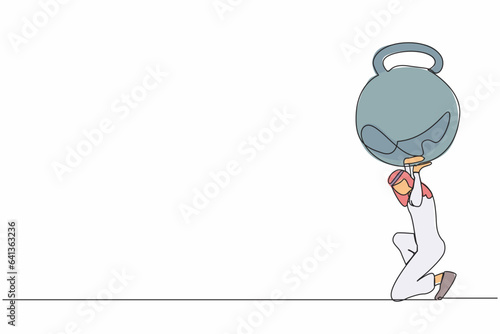 Single continuous line drawing Arab businessman carrying kettlebell on his back. Stressed due to heaviness in business life. Overwork, time management. One line draw graphic design vector illustration