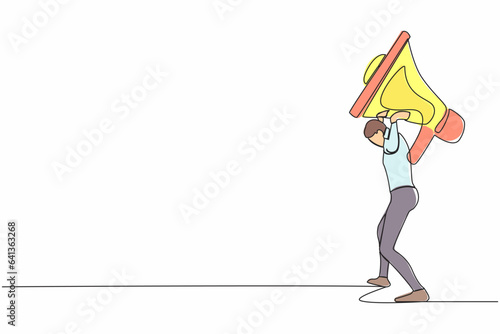 Continuous one line drawing exhausted businessman carrying heavy megaphone on his back. Troubles in communication. Bullying, harassment at work, families. Single line draw design vector illustration