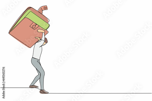 Single one line drawing exhausted businessman carrying heavy wallet on his back. Stressed worker bankrupt, no money. Financial crisis due to pandemic. Continuous line draw design vector illustration
