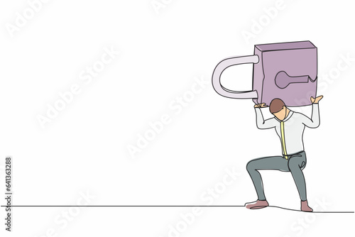 Continuous one line drawing exhausted businessman carrying heavy padlock on his back. Unemployment and debt problem or bankruptcy. Depressed dying worker. Single line draw design vector illustration