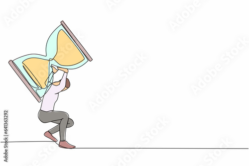 Continuous one line drawing exhausted businessman carrying heavy hourglass on his back. Office employee with deadline problem. Schedule of business task. Single line design vector graphic illustration