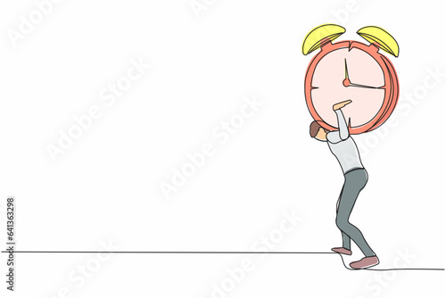 Continuous one line drawing exhausted businessman carrying heavy alarm clock on his back. Stressed worker with work pressure, business goals achievement. Single line graphic design vector illustration