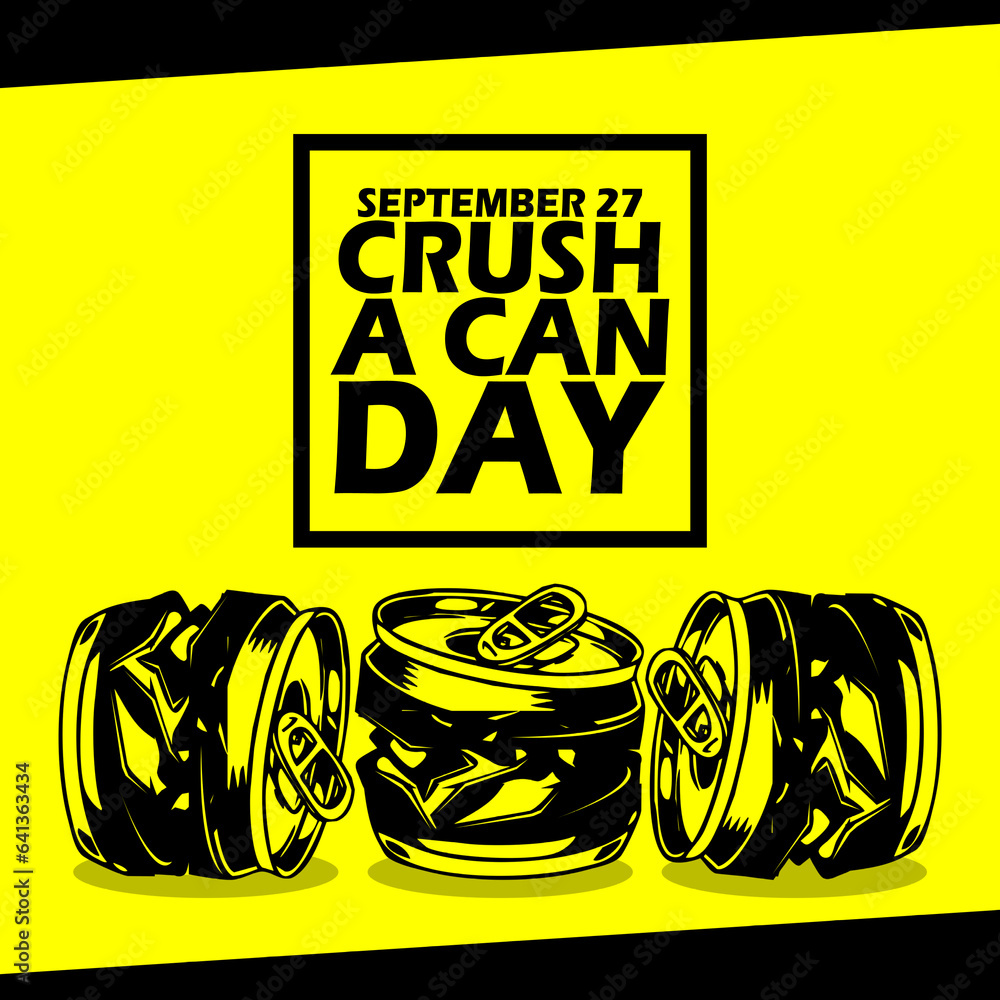 Three crushed cans of drink, with bold text in frame on yellow