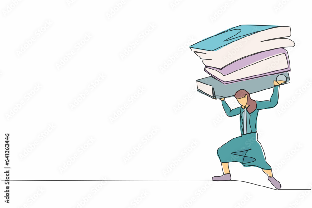 Single continuous line drawing frustrated businesswoman carrying pile of paper folder on her back. Tired worker with amount of work. Worker swamped with paperwork. One line design vector illustration