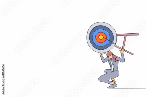 Single one line drawing frustrated businesswoman carrying dart target on her back. Hard work achieve business mission. Exhausted work to achieve goals. Continuous line draw design vector illustration © Simple Line