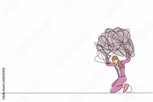 Single one line drawing frustrated businesswoman carrying heavy messy line on her back. Anxiety from work difficulty, overload, economic crisis problem. Continuous line draw design vector illustration