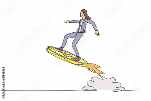 Continuous one line drawing businesswoman riding dollar coin rocket flying in sky. Financial planning for increase income, business opportunity to success. Single line draw design vector illustration