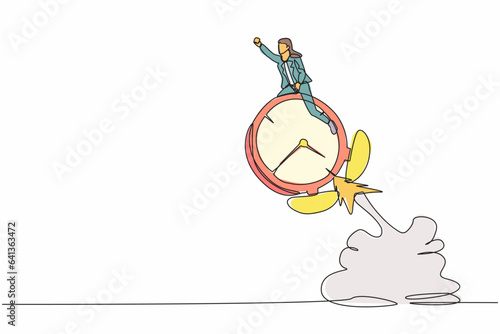 Single one line drawing businesswoman riding alarm clock rocket flying in the sky. Productivity or efficiency to finish work, speed and urgency concept. Continuous line draw design vector illustration