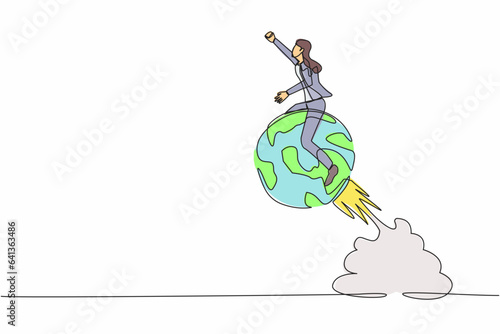 Single continuous line drawing businesswoman riding sphere globe rocket flying in the sky. Globalization, global business, world economics or business opportunity. One line design vector illustration