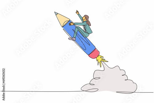 Single continuous line drawing businesswoman riding pencil rocket flying in sky. Creativity idea lead the way, education or knowledge help career development. One line draw design vector illustration