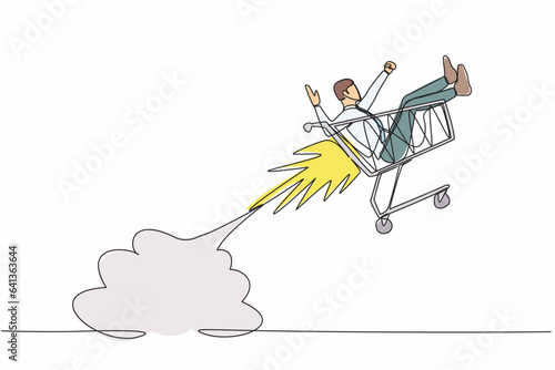 Continuous one line drawing businessman riding shopping trolley rocket flying in the sky. Happy man in supermarket, spare time, leisure, vacation, fun. Single line graphic design vector illustration #641363644
