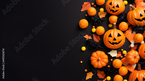 Halloween background with halloween set, pumpkins and autumn leaves. Space for text