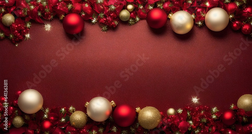 Christmas mood. Horizontal composition of red and gold balls, garlands on a red background