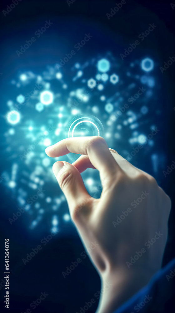 Hand touching abstract network circle technology structure, generative AI. Hand touching abstract network circle technology structure, generative AI.