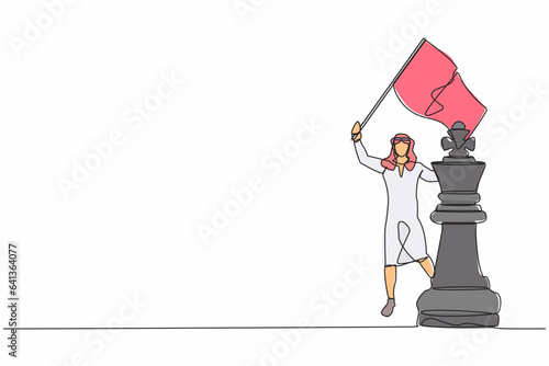 Single continuous line drawing Arabian businessman waving flag on king chess piece metaphor of win competition. Successful and superiority in business. One line draw graphic design vector illustration