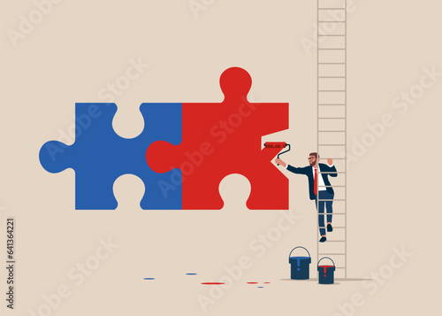 Man climb up ladder to paint a puzzle symbol. Teamwork and unity.  Business negotiation and agreement. Symbol of communication. Vector illustration