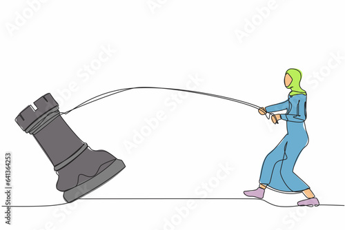 Continuous one line drawing active Arab businesswoman pulling big rook chess with rope. Business achievement goal, idea, strategy, competitive, strategic. Single line draw design vector illustration
