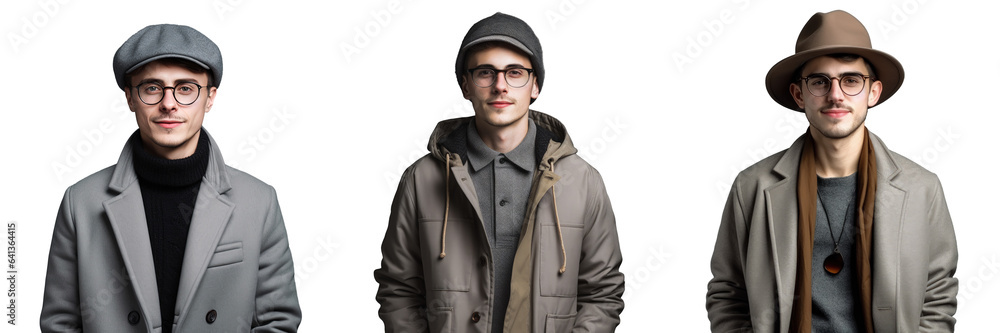 Stylish young man in trendy clothes hat and glasses posing alone on transparent background representing youth casual fashion and emotions Stylish young man in trendy clothes hat and glasses posing alone on transparent background representing youth casual fashion and emotions