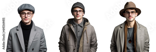 Stylish young man in trendy clothes hat and glasses posing alone on transparent background representing youth casual fashion and emotions