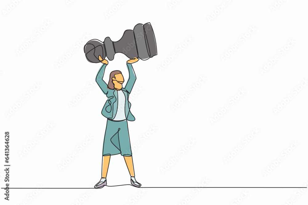 Continuous one line drawing businesswoman holding or lifting pawn chess piece. Tactical advantage, successful entrepreneurship or business strategy. Single line draw design graphic vector illustration Continuous one line drawing businesswoman holding or lifting pawn chess piece. Tactical advantage, successful entrepreneurship or business strategy. Single line draw design graphic vector illustration