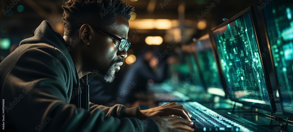 Black man working on a computer in close-up, with lines of code language reflected in his glasses. developing new software as a male programmer .