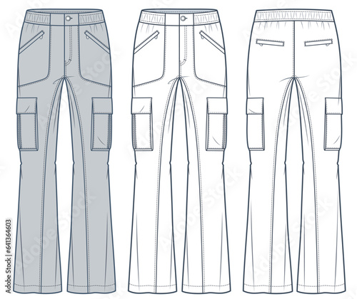 Cargo Pants technical fashion Illustration. Flared Pants fashion flat technical drawing template, pockets, front and back view, elastic waistband, white, grey, women, men, unisex CAD mockup set.